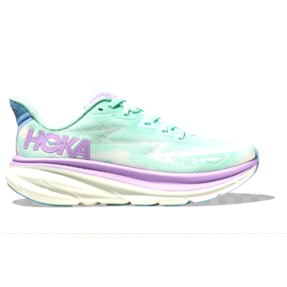 HOKA One Clifton 9 Mint Green Blue and Purple Running Sneakers Women 6.5 B